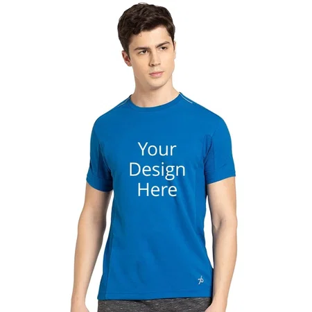 Blue Customized Jockey Men's Regular Fit Round Neck Raglan Sleeved T-Shirt With Breathable Mesh For Enhanced Cooling