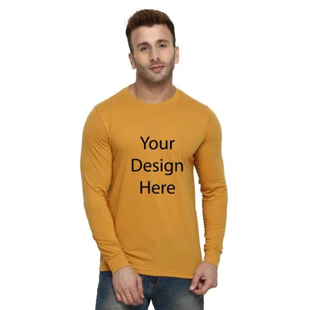 Mustard Customized Cotton Casual Regular Fit Round Neck Full Sleeve T-Shirt For Men