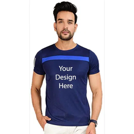 Navy Blue Customized Polyester Men's Cut &amp; Sew Pattern Regular Fit Round Neck Half Sleelve T-Shirt