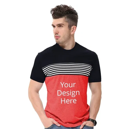 Black Red Customized Cotton Half Sleeve Striped Round Neck T Shirt For Men
