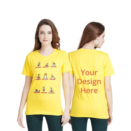 Yellow Customized Women's Cotton Regular Fit Yoga Poses Design Graphic Printed T-Shirt
