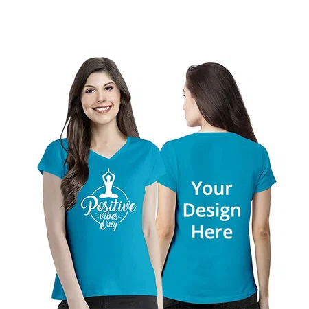 Turquoise Customized Women's Regular Fit Positive Vibes Only Graphic Printed V Neck Half Sleeves Cotton T-Shirt