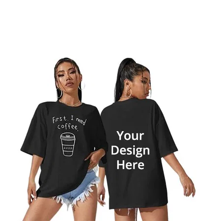 Black Customized Women's Pure Cotton Coffee Graphic Printed Baggy Oversized T-Shirt
