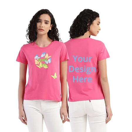 Pink Customized Levi's Butterfly Design Graphic Printed Regular Fit T-Shirt for Women