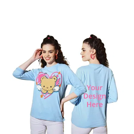 Sky Blue Customized Women's Kitty Design Graphic Printed Full Sleeve T-Shirt