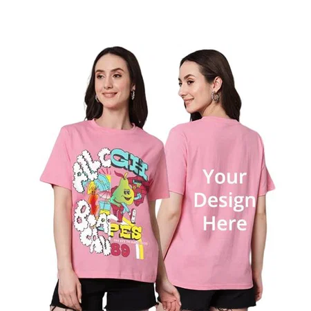 Pink Customized Women's Cotton Cartoon GraphicPrinted Oversized T-Shirt
