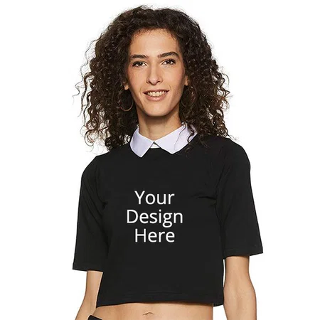 Black Customized Women's Collar Neck 3/4 Sleeves Solid Crop Top