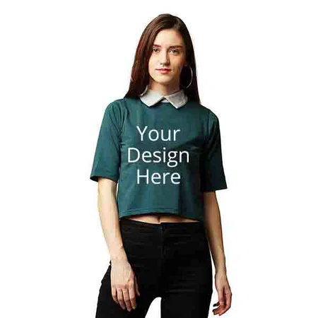Green and Grey Customized Women Collar Neck Half Sleeves Crop Top