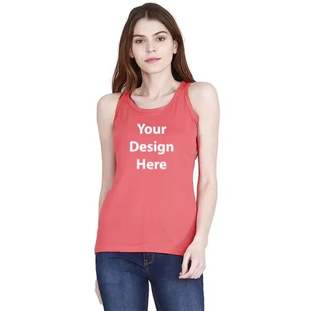 Coral Red Customized Women Cotton Plain Round Neck Sleeveless Tank Top