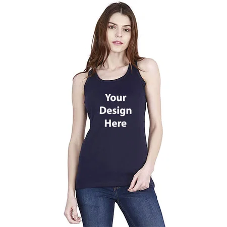 Navy Blue Customized Women Cotton Plain Round Neck Sleeveless Tank Top