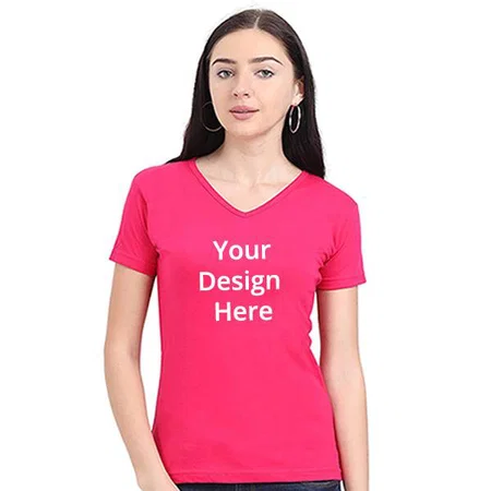 Pink Customized Women's Cotton V Neck T-Shirt