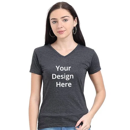 Charcoal Melange Customized Women's Cotton V Neck T-Shirt