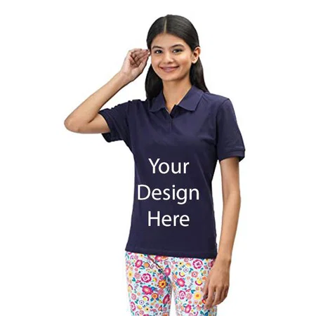 Navy Blue Customized Women's Regular Cotton Polo-Collar Half Sleeve T-Shirt