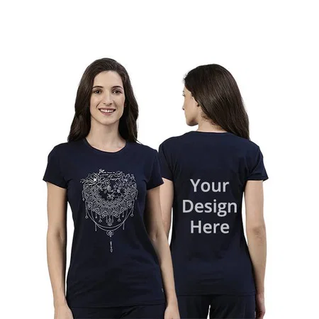 Navy Blue Customized Enamor Women's Short Sleeve Crew Neck Slim Fit Cotton Blocks Design Graphic Printed T-Shirt