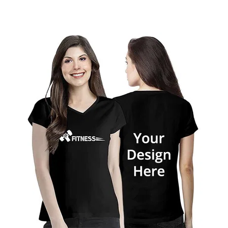 Black Customized Women's Regular Fit Cotton Fitness Graphic Printed V-Neck T-Shirt