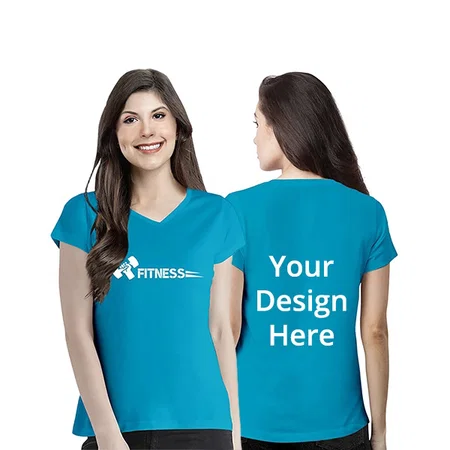 Turquoise Customized Women's Regular Fit Cotton Fitness Graphic Printed V-Neck Half Sleeves T-Shirt