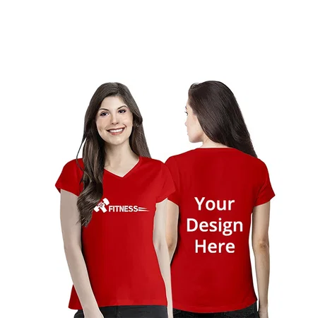 Red Customized Regular Fit Cotton Fitness Graphic Printed V Neck Half Sleeves T-Shirt for Women