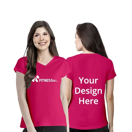 Dark Pink Customized Regular Fit Cotton Fitness Graphic Printed V-Neck T-Shirt for Women