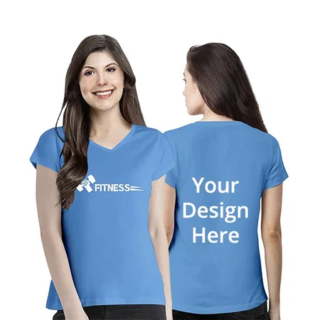 Blue Customized Women's Regular Fit Cotton Fitness Graphic Printed V-Neck T-Shirt