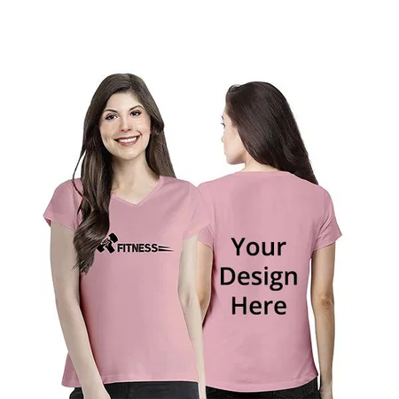 Pink Customized Women's Regular Fit Cotton Fitness Graphic Printed V-Neck T-Shirt