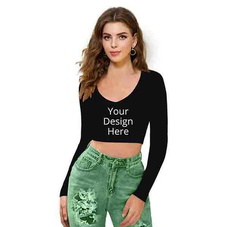 Black Customized Women V-Neck Full Sleeve Crop Top