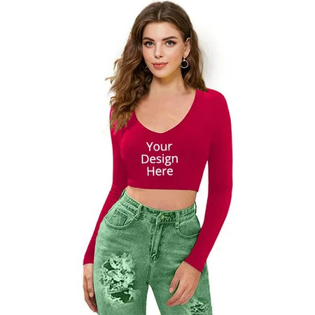 Pink Customized Women V-Neck Full Sleeve Crop Top