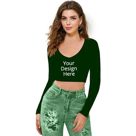 Green Customized Women V-Neck Full Sleeve Crop Top