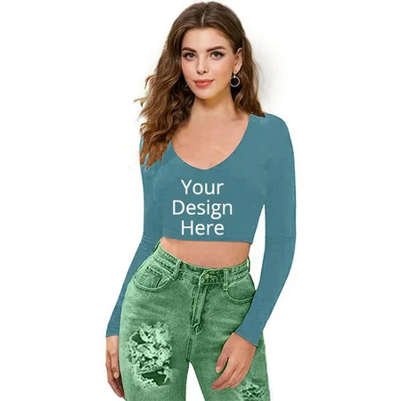 Mint Green Customized  Women V-Neck Full Sleeve Crop Top
