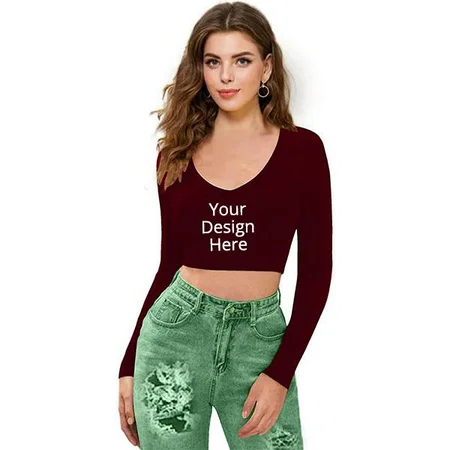 Maroon Customized  Women's V-Neck Full Sleeve Crop Top