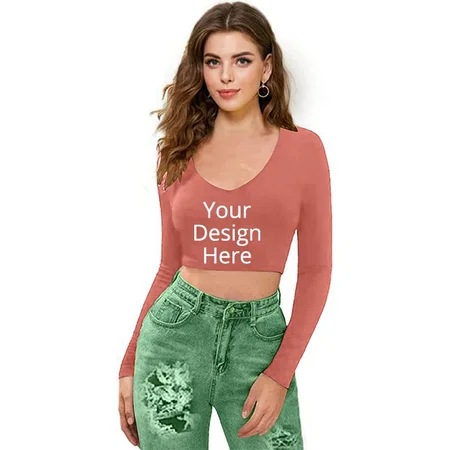 Peach Customized  Women's V-Neck Full Sleeve Crop Top
