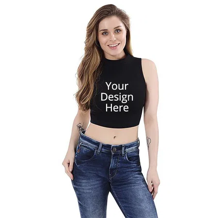 Black Customized Women Tank Top, Halter Neck Crop Top