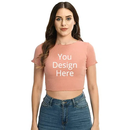 Peach Customized Women Round Neck Cotton Rib Crop Top