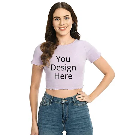Lavendar Customized Women Solid Round Neck Cotton Rib Crop Top