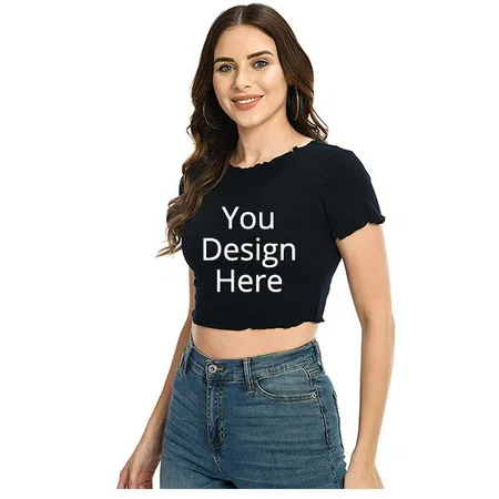 Navy Customized Women Solid Round Neck Cotton Rib Crop Top