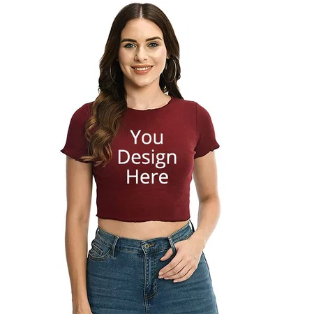 Maroon Customized Women Solid Round Neck Cotton Rib Crop Top