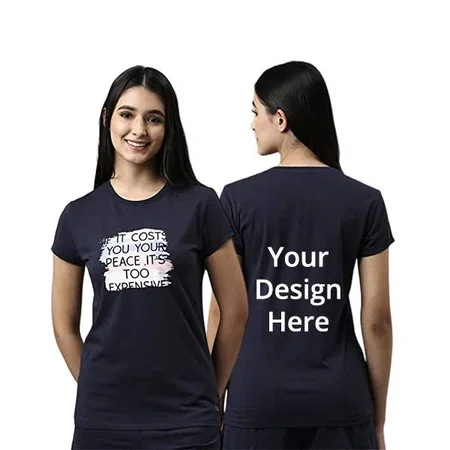 Navy Blue Customized Enamor Short Sleeve Round Neck Cotton Peace Design Graphic Printed T-Shirt for Women