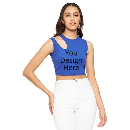 Blue Customized Women Stretchable Sleeveless Cut-Out Crop Top