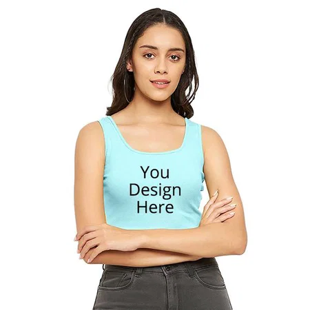 Light Blue Customized Women Stretchable, Round Neck Crop Top