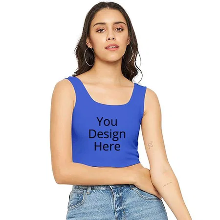 Blue Customized Women Stretchable Round Neck Sleeveless Crop Top