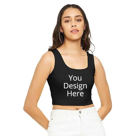 Black Customized  Women Stretchable Round Neck Sleeveless Crop Top