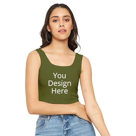 Dark Green Customized Women Stretchable Round Neck Sleeveless Crop Top