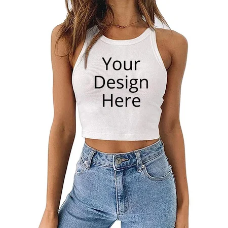 White Customized Women Sleeveless Halter Neck Crop Tank Top