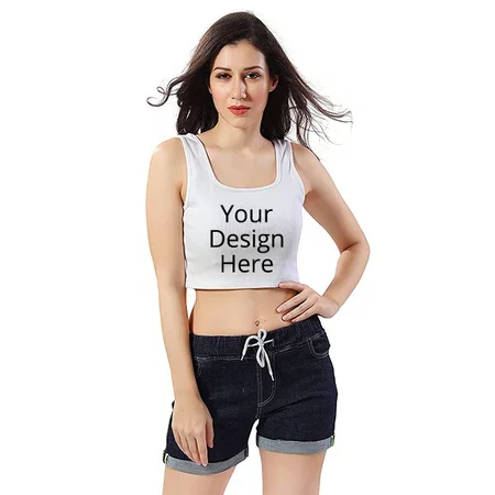 White Customized Women Sleeveless Rib Knitted Cotton Crop Tank Top