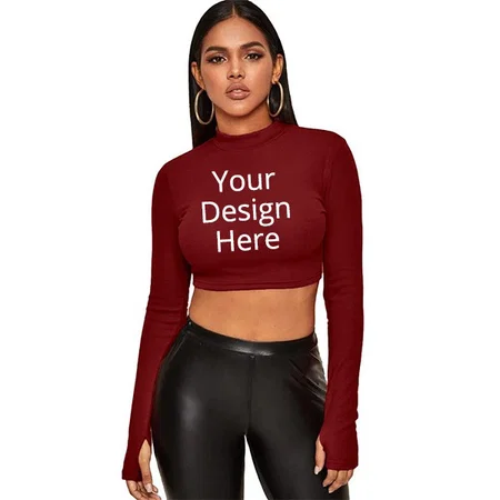Maroon Customized Women Regular Fit Full Sleeve Crop Top with Thumb Hole