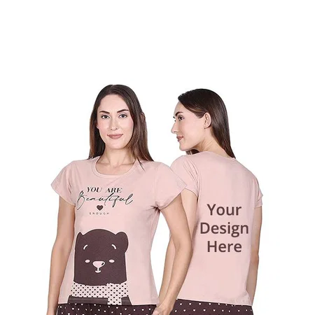 Beige Customized Round Neck Bear Design Graphic Printed T-Shirts for Women