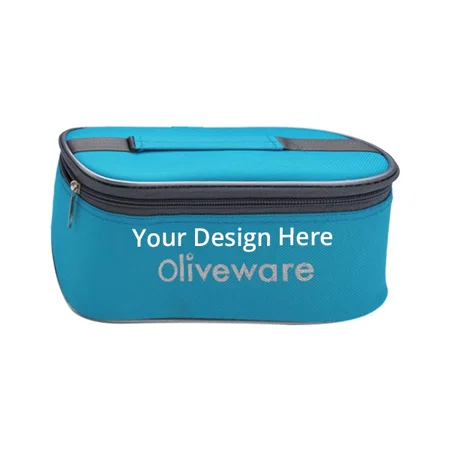 Blue Customized  Oliveware Bag, Microwave Safe, 3 Plastic Containers Lunch Box with Spoon and Fork