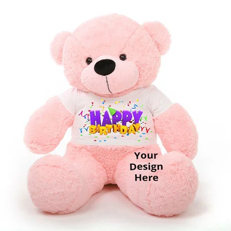 Pink Customized Big Soft Teddy Bear Wearing Happy Birthday T-Shirt (Size - 6 feet)