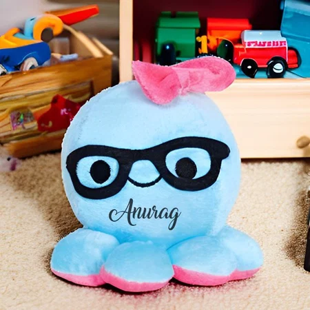 Sky Blue Customized Octopus With Spectacles Bow Stuffed Soft Kids Animal Toy - 7 Inch