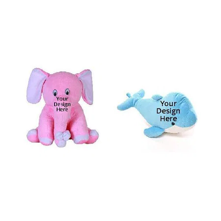 Blue Pink Customized Soft Stuff Toys Combo Of 2 Dolphin And Baby Elephant Kids Return Gift