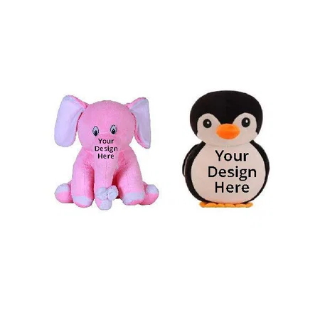 Black Pink Customized Soft Stuff Toys Combo of 2 Penguin And Baby Elephant Kids Return Gift